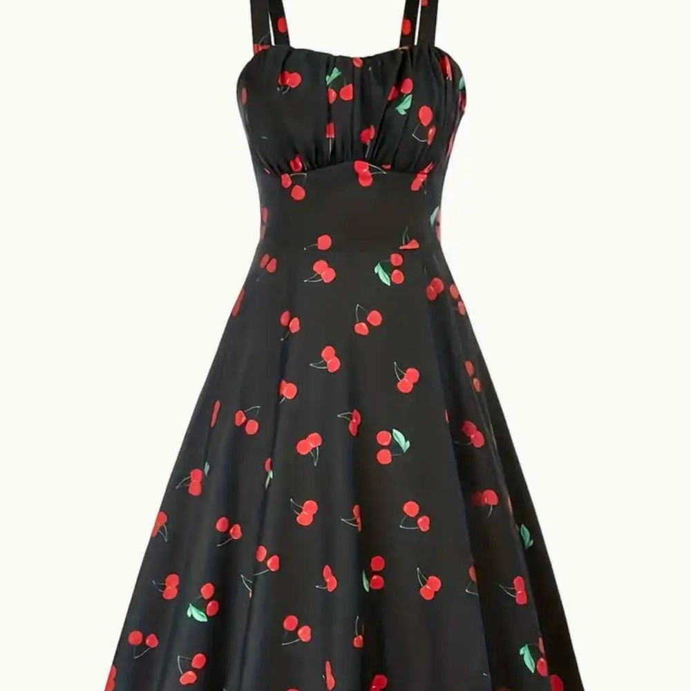 Black Pin-up Style Dress with Cherry Print